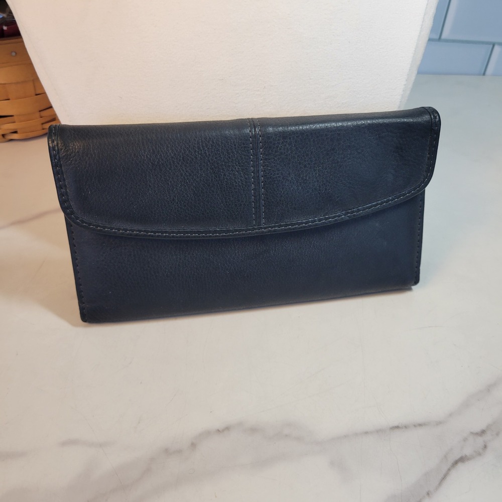 Buxton Black Leather Trifold Wallet Clutch with ID Window and Zip Pockets